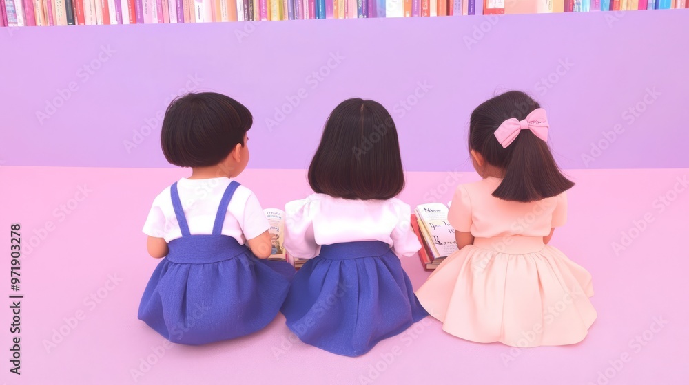 Wall mural Children reading books in the library dedication 