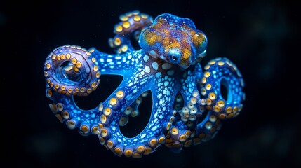 A blue ring octopus against a black background in Lembeh Strait Indonesia : Generative AI
