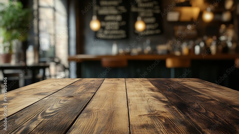 Leinwandbilder the empty wooden table top with blur background of cafe exuberant image : generative ai