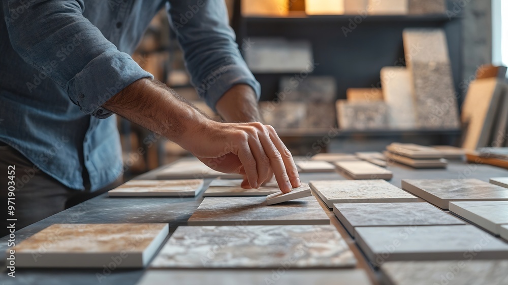Poster architect hand choosing and pointing at stone material samples or tile texture collection on the tab