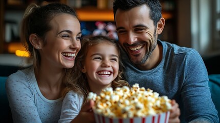 Obraz premium Family mom dad and daughter holding a popcorn pot and laughing while watching a TV : Generative AI