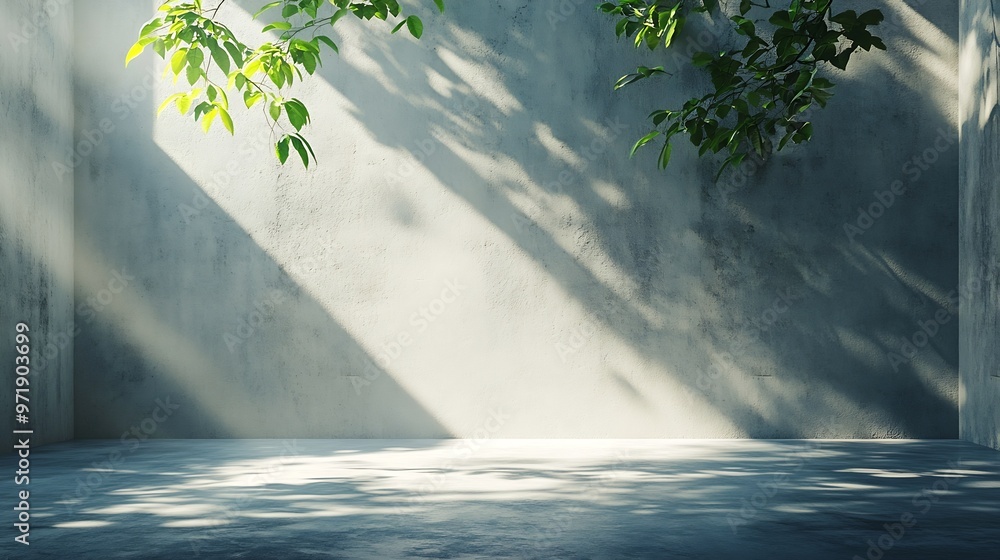 Aufkleber empty abstract room corner with sunlight beams and trees leafs shadows room made of concrete floor a
