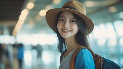 Portrait of Asian young girl walk in airport terminal to boarding gate Attractive beautiful female tourist passenger feel happy and excited to go travel abroad by airplane for holiday  : Generative AI