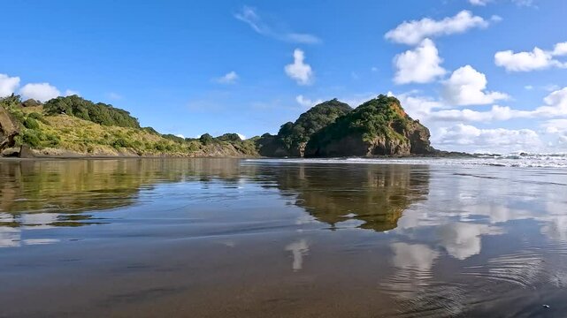 Black Sand of Bethells Beach, framed by the dramatic cliffs situated along the picturesque Waitakere Coast on New Zealand's North Island