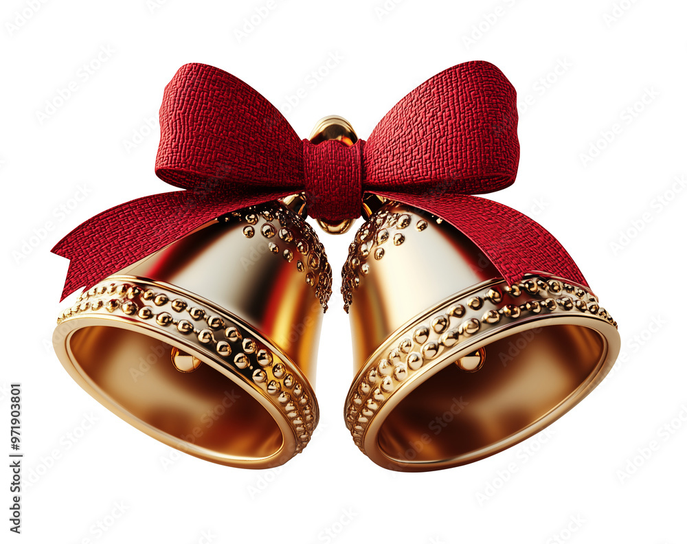 Wall mural a pair of christmas golden bells with a red ribbon bow, isolated on a transparent.