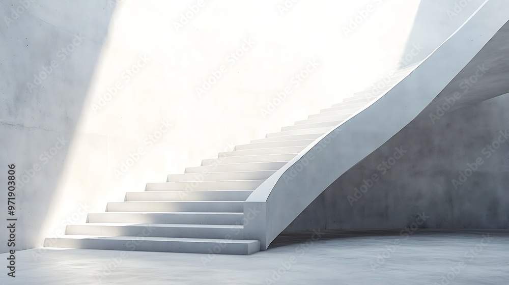 Fototapete empty white concrete stairway with a handrail are near the wall abstract architecture background : g