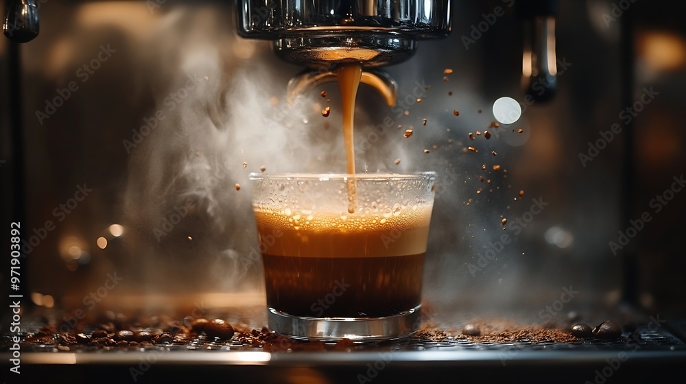 Poster espresso makerfresh black coffee pouring from coffee machine double espressoprofessional coffee brew