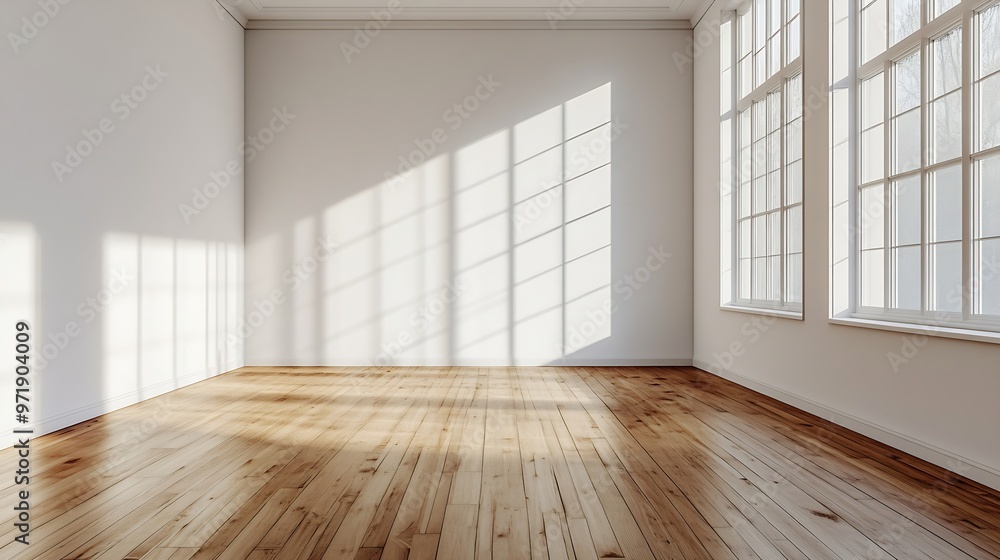 Fototapete an empty room with wooden floors and white walls there is a large window in the wall to the right : 