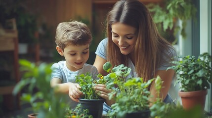 Obraz premium Happy mother and son planting flowers in home garden Cheerful mom and boy spending time together gardening at city balcony Mom and kid work together to plant and care for urban garden : Generative AI