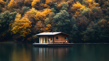 Obraz premium A small houseboat floating peacefully on a serene lake surrounded by autumn colors.