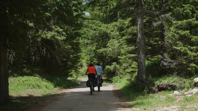 Two bike riders ride on a road crossing a green forest with tall pine trees. Sport activity during summer or spring. Enjoying a sunny day in Montenegro Durmitor park. Bikepacking on road