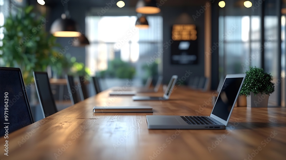 Poster Empty conference room with laptops on table : Generative AI