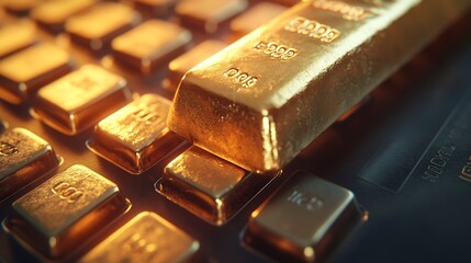 Gold bar on calculator with trading line graph for calulate the gold price Gold is hard commodity  risk asset tangible value that used to be gold reserve save assets during war and eco : Generative AI