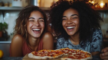 Two diverse young friends laughing together and eating pizza during a dinner together in a friends kitchen : Generative AI