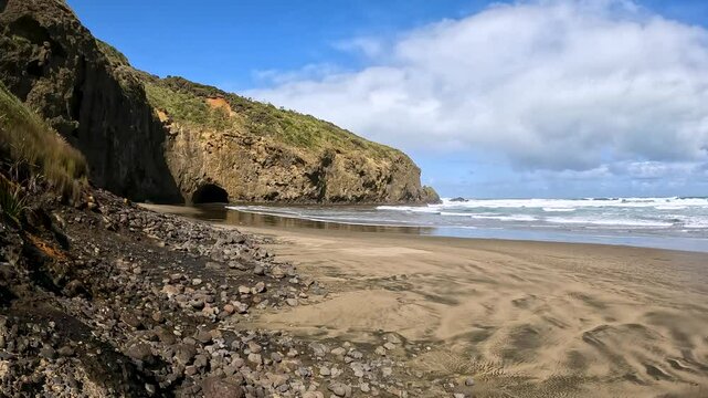 Bethells Cave, a dramatic sea cave located on Bethells Beach, also known as Te Henga Beach, on the Waitakere Coast of New Zealand