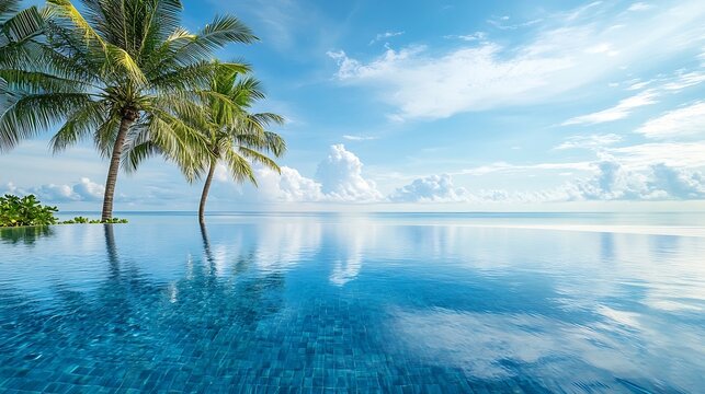 Summer beach swimming pool on sunny day with reflection of palm trees tropical landscape exotic island hotel resort concept Luxury infinity pool summer beach landscape tropical paradis : Generative AI