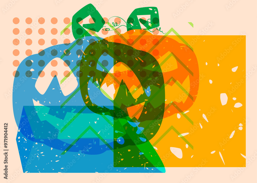 Poster risograph jack o' lantern with geometric shapes. halloween pumpkin and objects in trendy riso graph 