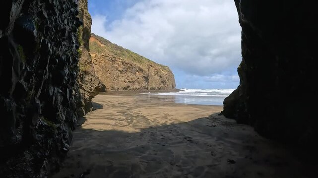 Bethells Cave, a dramatic sea cave located on Bethells Beach, also known as Te Henga Beach, on the Waitakere Coast of New Zealand