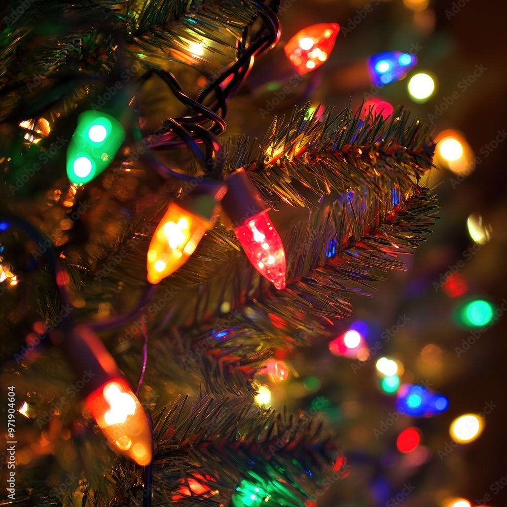 Sticker a close-up view of colorful christmas lights illuminating a festive tree, creating a warm and joyful
