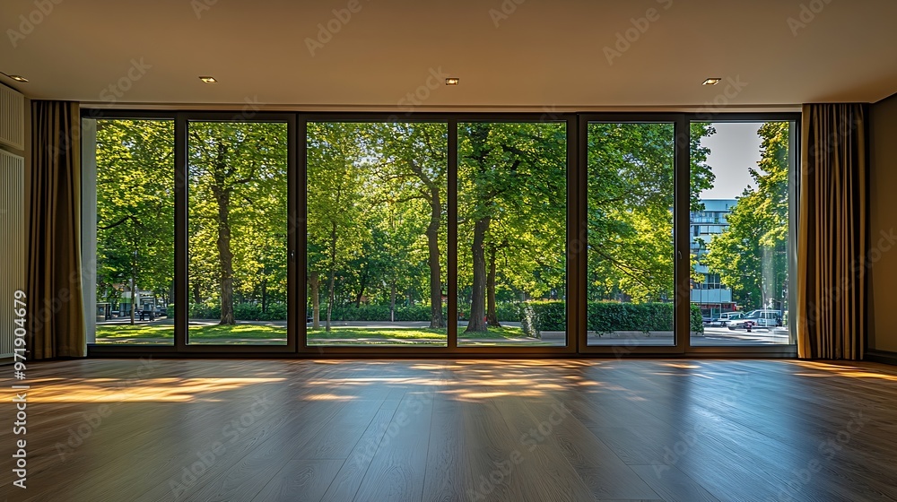 Poster an empty living room with wood flooring and large windows looking out onto the trees that line the s