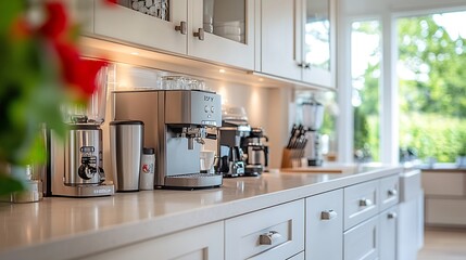 Fototapeta premium Coffee bar station in kitchen with white cabinets and countertop Espresso maker and copy space : Generative AI