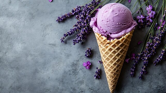 Creamy lavender ice cream in a waffle cone on a concrete background decorated with flowers top view Healthy sweet frozen dessert High quality photo : Generative AI