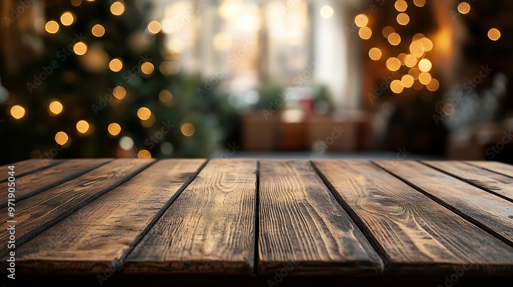 Poster the empty wooden brown table top with blur background of home room in winter exuberant image : gener