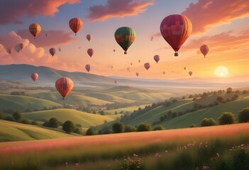 Obraz premium rolling hills and a vibrant sunset sky with hot air balloons floating above