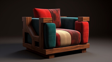 Modern Wooden Armchair with Red Blue and Beige Cushions