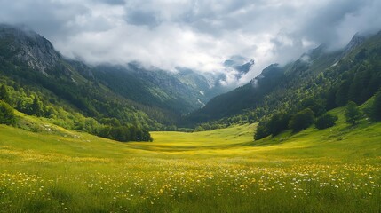 Nature Mountains and clouds in the valley Natural landscape high in the mountains Mountain field in the clouds Landscape in the summertime : Generative AI