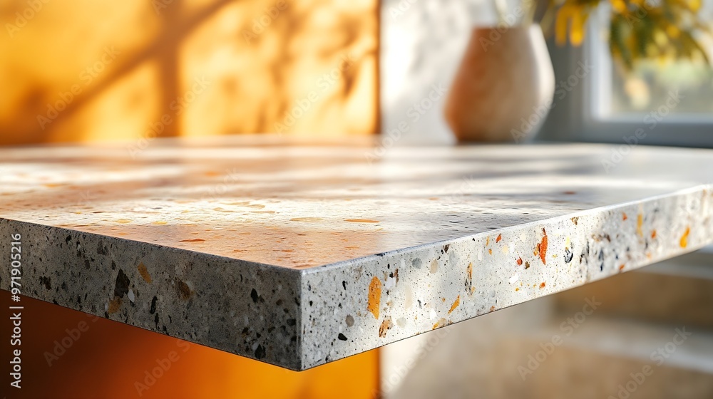 Fototapete terrazzo stone marble table corner at foreground used as product displayed isolated on background with clipping path perspective view of stone table showing edge of table : Generative AI