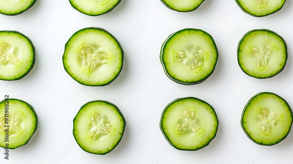 Poster Round cucumber slices from different angles isolated on a white background : Generative AI