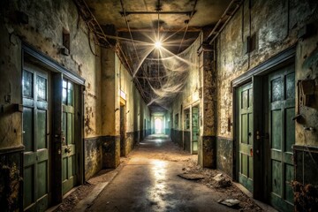 Fototapeta premium Ominous, dimly-lit abandoned asylum corridor with peeling wallpaper, cobweb-covered doors, and flickering fluorescent lights casting eerie shadows, evoking a sense of foreboding and unease.