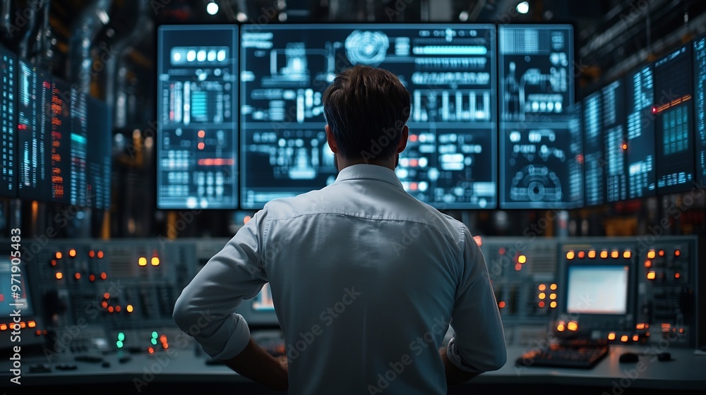 Poster electrician engineering and man with data overlay in a control room for maintenance technician perso