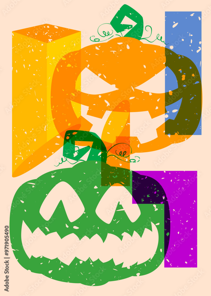 Poster risograph jack o' lantern with geometric shapes. halloween pumpkin and objects in trendy riso graph 
