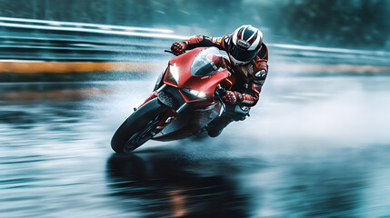 A sport motorcycle racing at full throttle through a rain-soaked track with water spraying up from the tires and the rider fully focused.