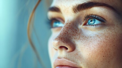 Upper face of woman looking into distance close up side profile view wide photography Female advertises eye sight check up professional clinic services lenses eyesight laser correction : Generative AI