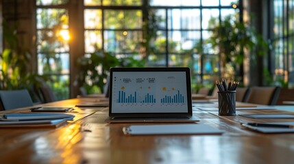 Laptops and graphs kept on conference table in empty meeting room : Generative AI