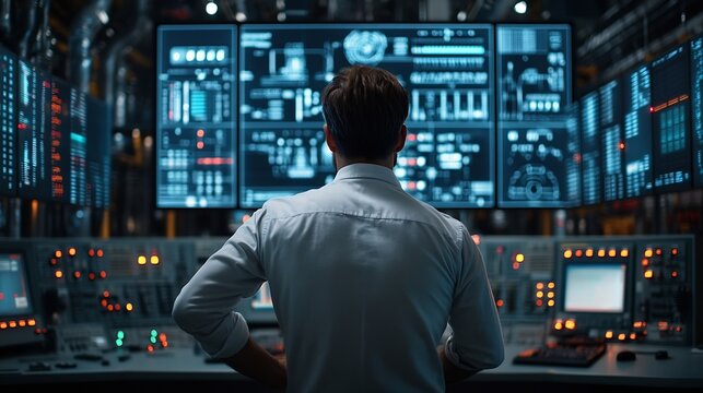 Electrician engineering and man with data overlay in a control room for maintenance Technician person with ai technology for power check problem solving and digital future or 3d inspec : Generative AI