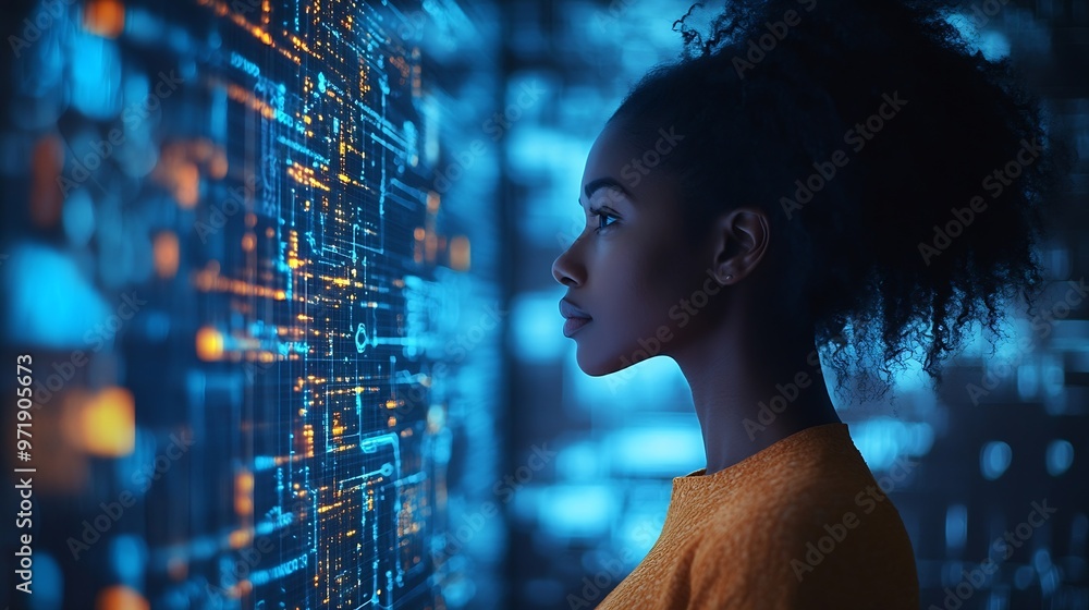Fototapete World tablet and overlay with a business black woman using an ai or ux interface to access the metaverse of data Digital future and information with a global network working on a 3d ho : Generative AI