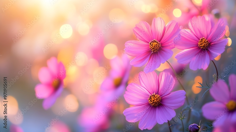 Poster blur background of close up of pink flowers in a field during sunset shining with blurring backgroun