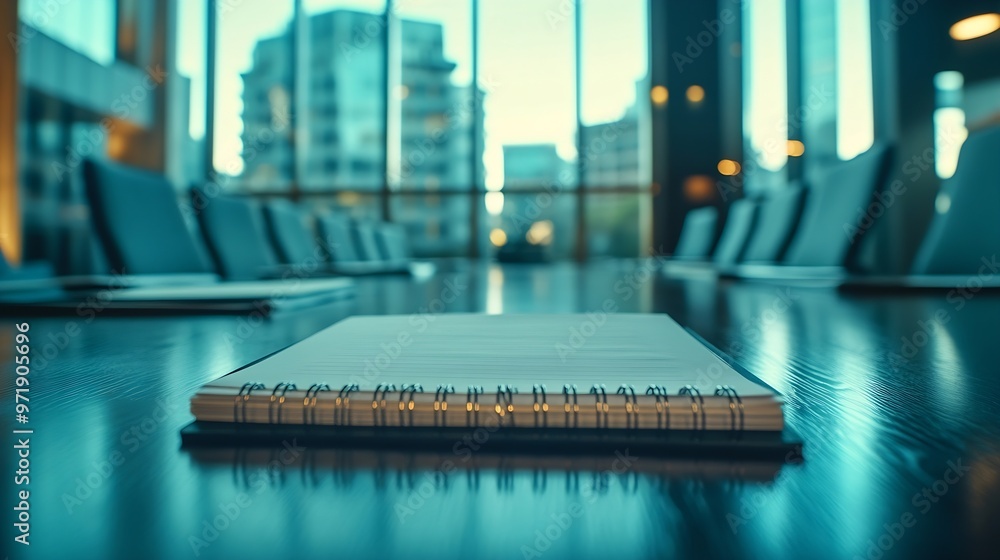 Poster closeup of notepad for agenda kept on table in empty corporate conference room before business meeti