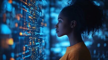 World tablet and overlay with a business black woman using an ai or ux interface to access the metaverse of data Digital future and information with a global network working on a 3d ho : Generative AI