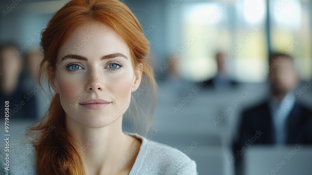Poster A redhaired Caucasian businesswoman sits in the front row of an empty conference room Bearded man giving a lecture : Generative AI