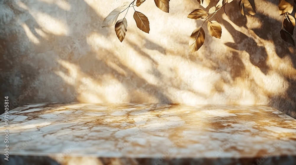 Leinwandbilder gold marble table with nature shadow on concrete wall texture background suitable for cosmetic produ