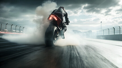 A sport motorcycle rider taking off from the grid in a drag race with smoke rising from the rear tire as it grips the track.