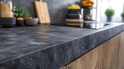 Beautiful Artificial Stone kitchen countertop on wooden cabinet dark grey : Generative AI