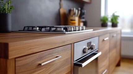 A modern kitchen featuring beautiful wooden cabinets with a sleek : Generative AI