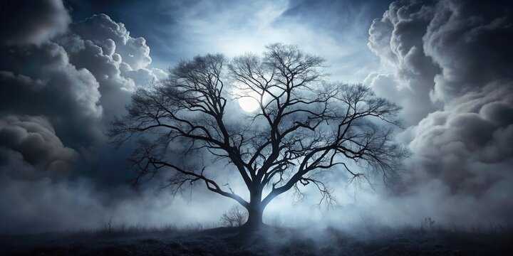 Ominous, twisted, black heart-shaped tree branches pierce the misty night sky, surrounded by eerie fog, conveying a sense of foreboding and mysterious, dark emotions.