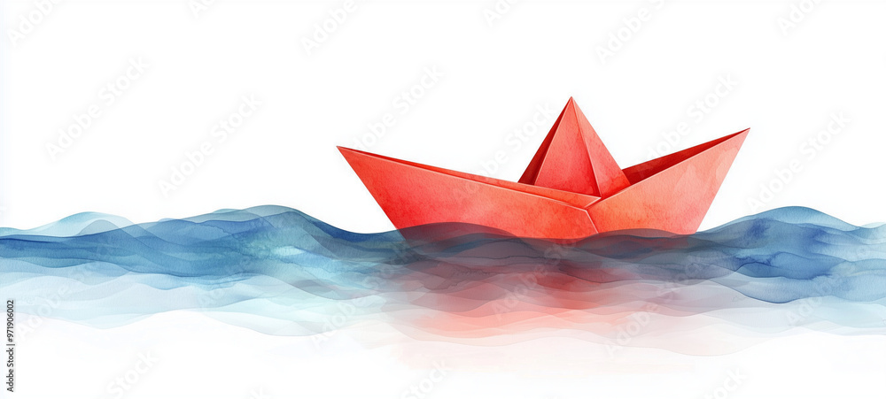 Wall mural A floating paper boat in gentle waves, isolated on a white background, watercolor style